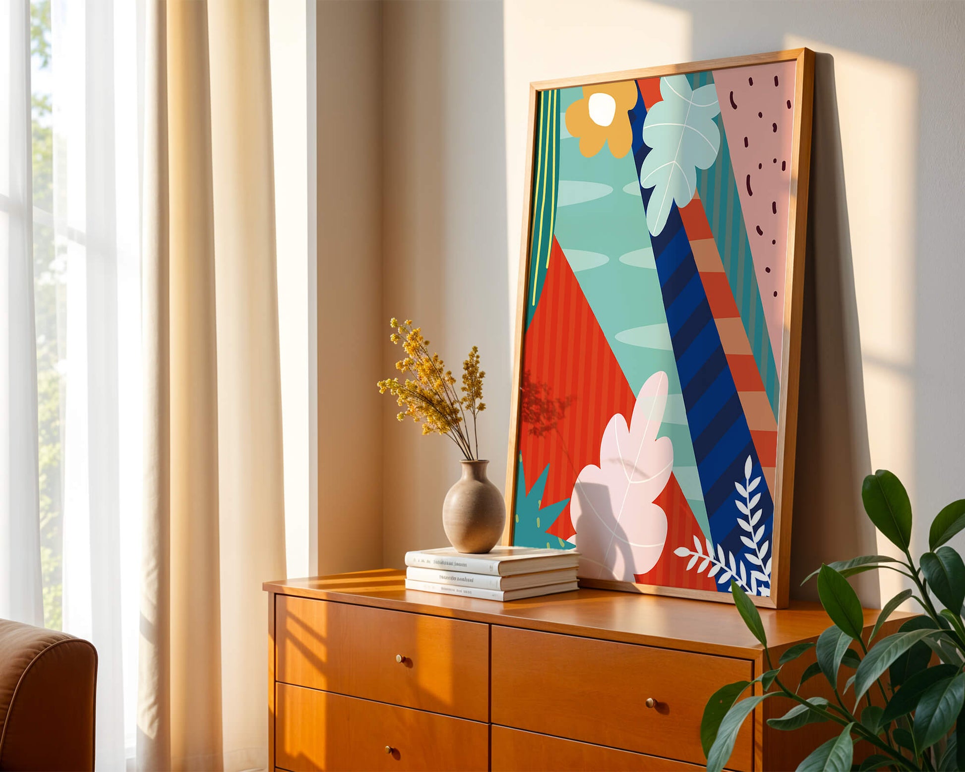 Abstract floral geometric design with vibrant colors and bold patterns