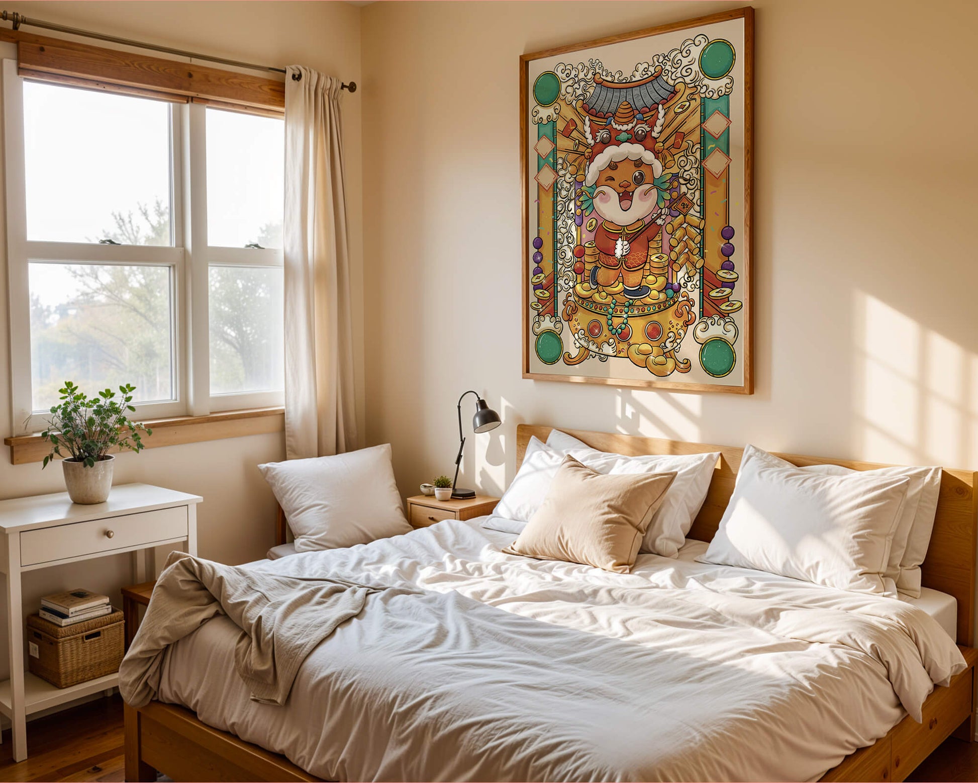 Ilustración colorida de un animal lindo en atuendo festivo tradicional con elementos dorados