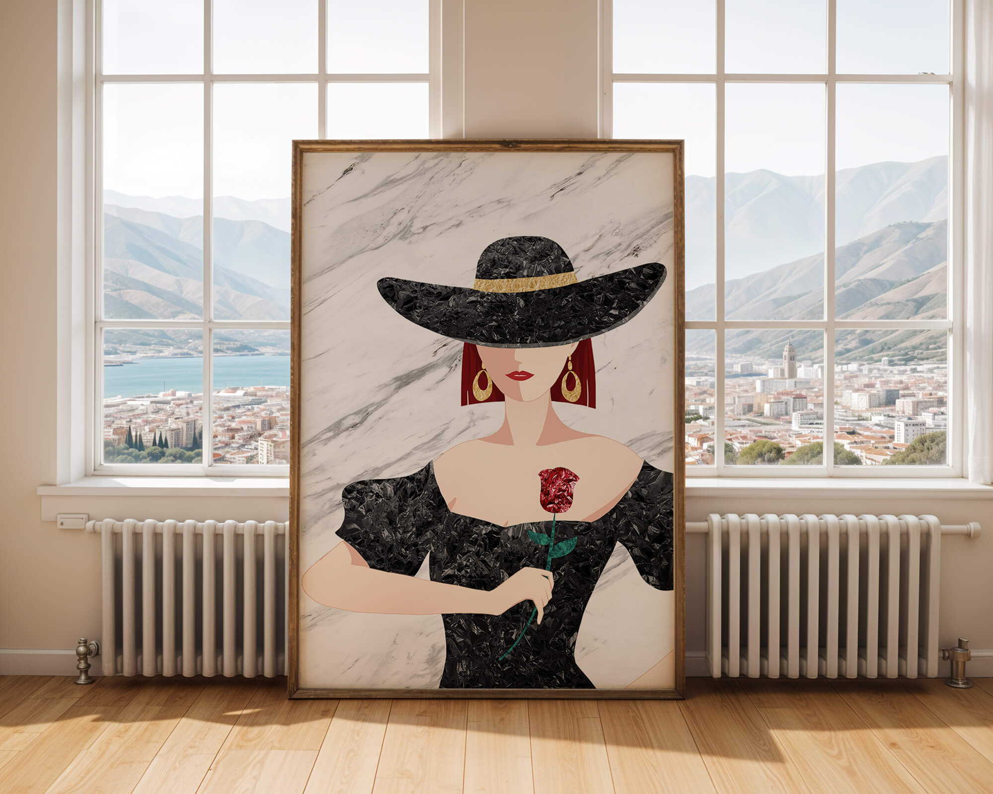 Elegant woman in wide-brimmed hat holding a rose on marble background