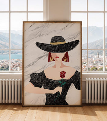 Elegant woman in wide-brimmed hat holding a rose on marble background