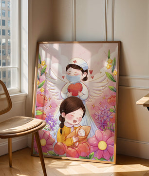 Escena ilustrada de un ángel de la salud con un niño y flores