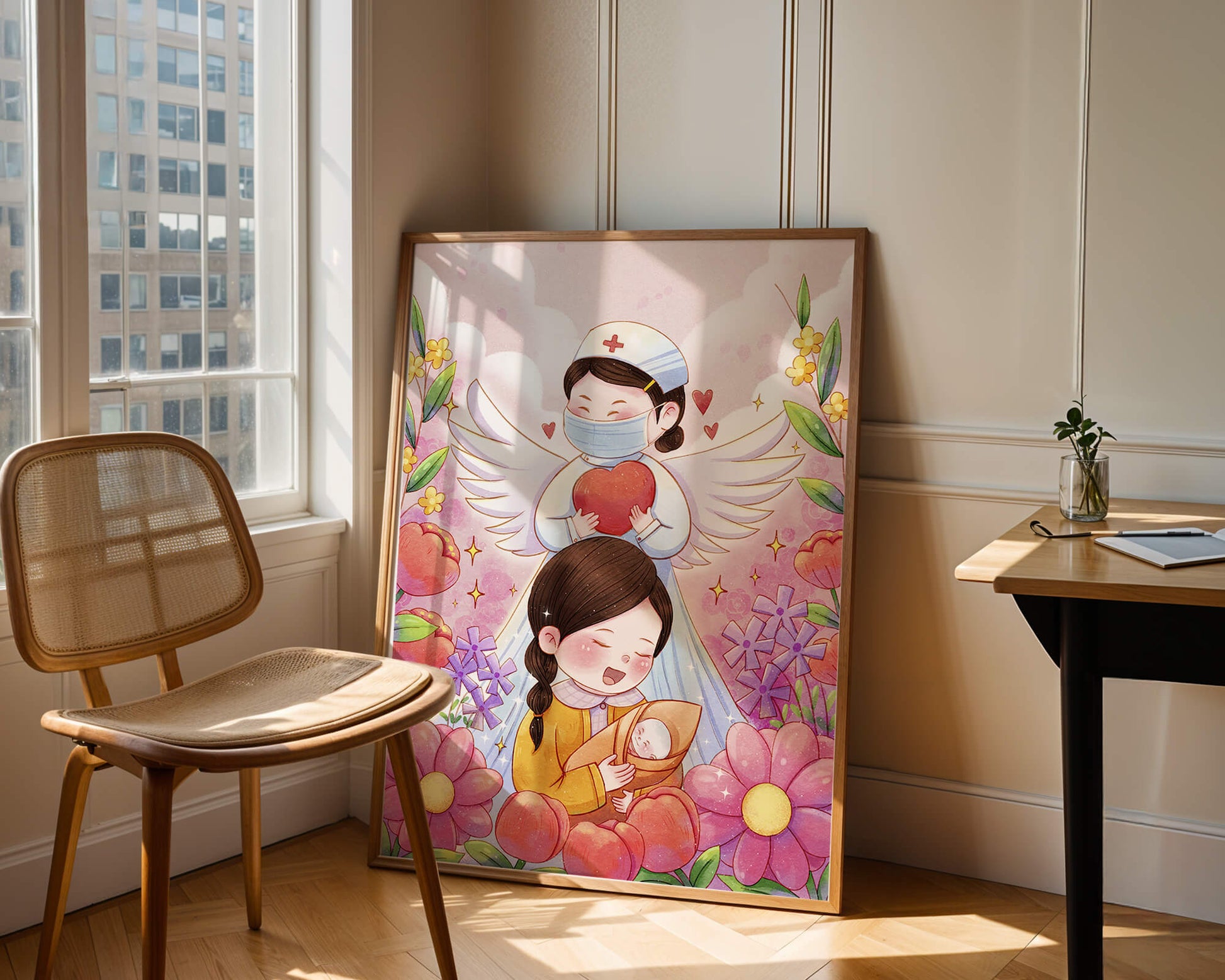 Illustrated scene of healthcare angel with child and flowers