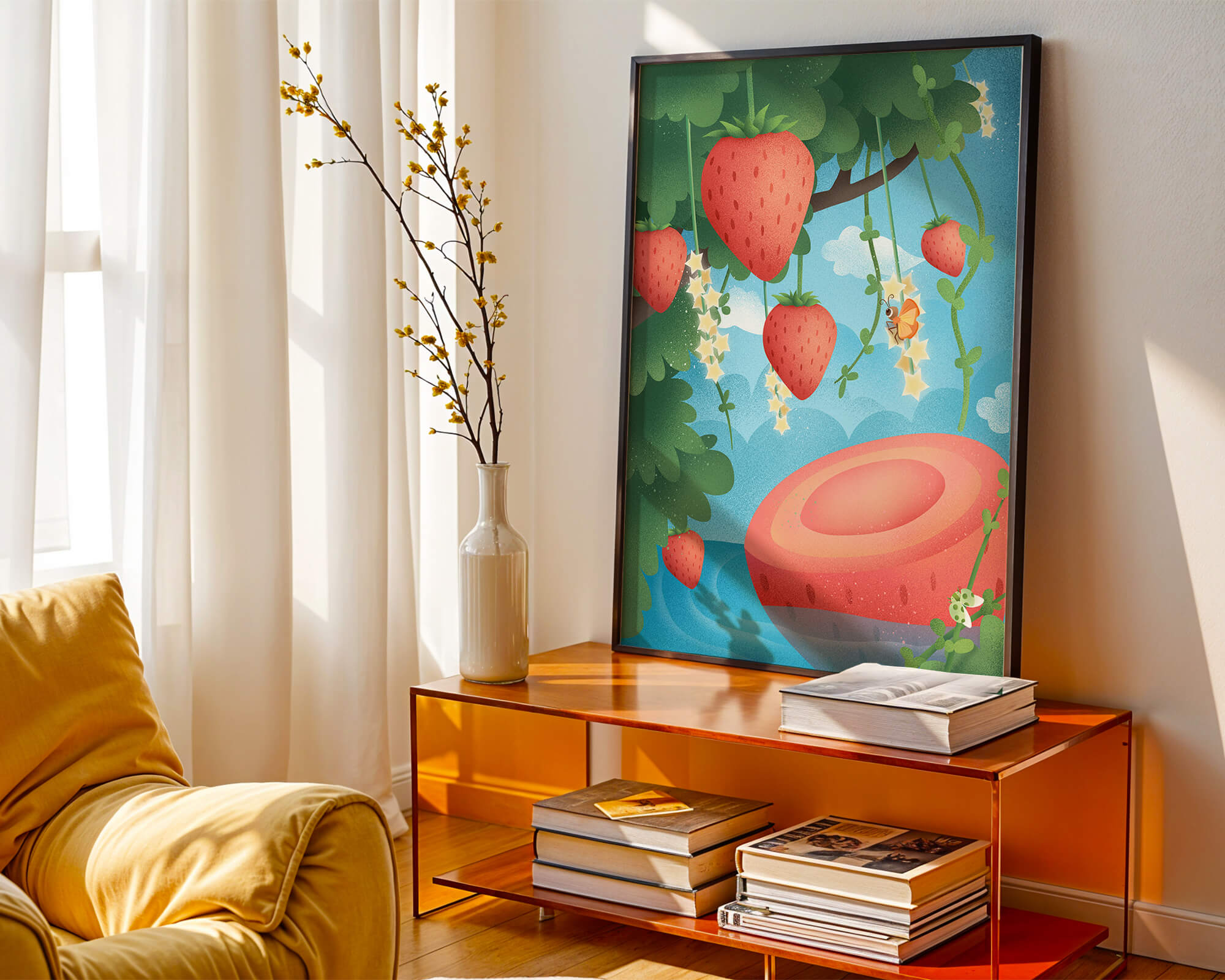Illustrated strawberries in a whimsical garden setting