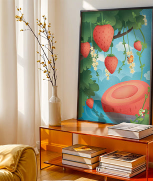 Illustrated strawberries in a whimsical garden setting