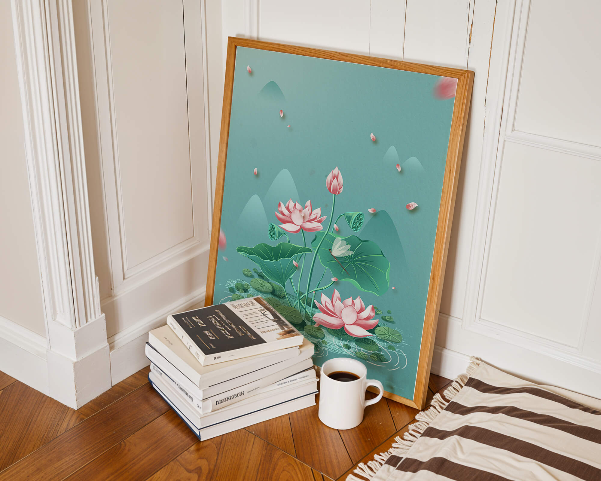 Serene illustration of lotus flowers in a tranquil pond setting with mountains