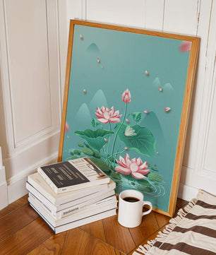 Illustration sereine de fleurs de lotus dans un étang paisible avec des montagnes