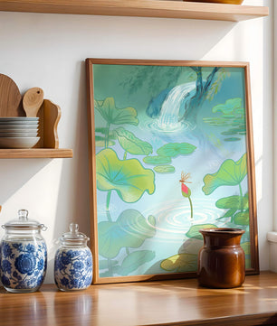 Serene pond scene with lotus leaves and waterfall