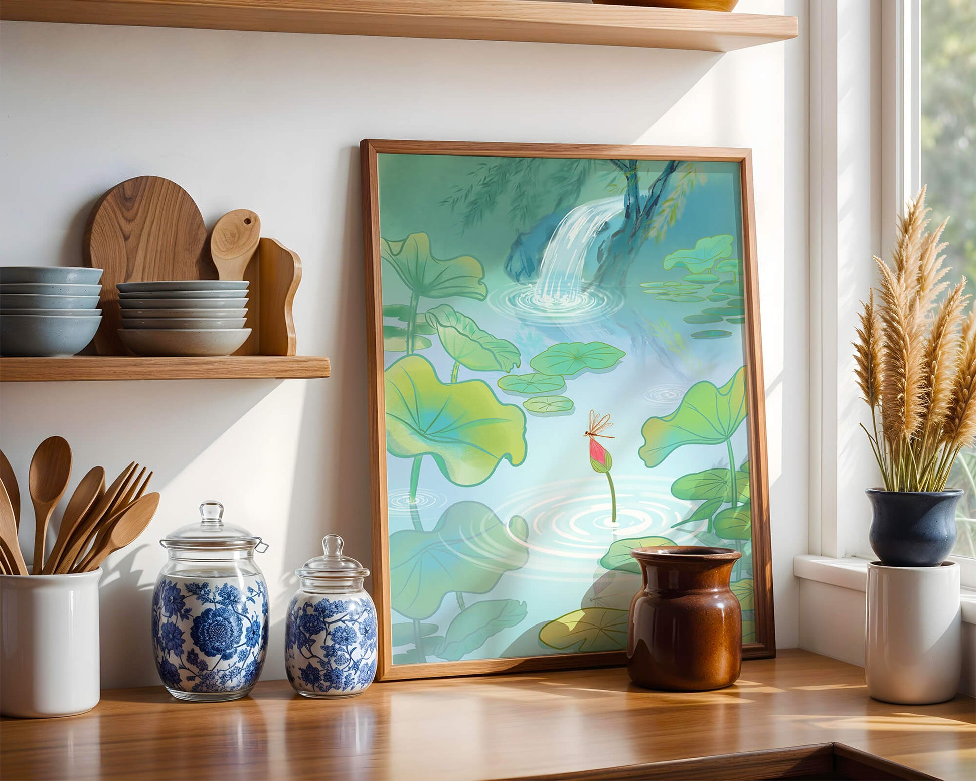 Serene pond scene with lotus leaves and waterfall