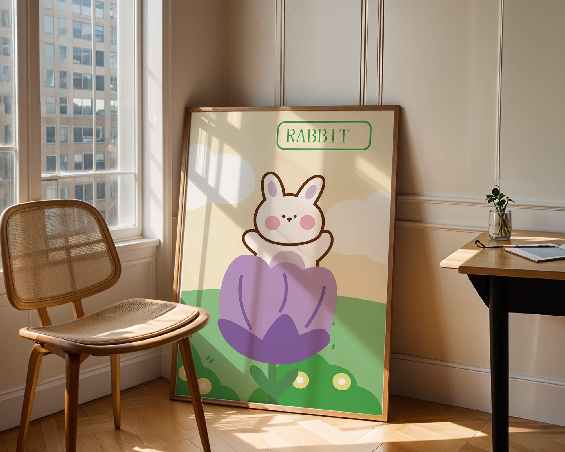 Ilustración caprichosa de un conejo adorable en una flor con colores pastel