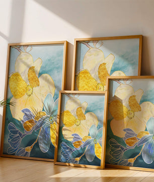 Abstract Floral Art with Golden Accents on Blue Background