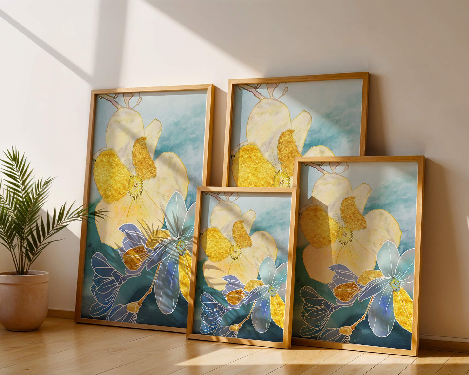 Arte floral abstracto con acentos dorados sobre fondo azul