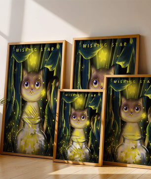 Cat under starry night in a magical forest setting