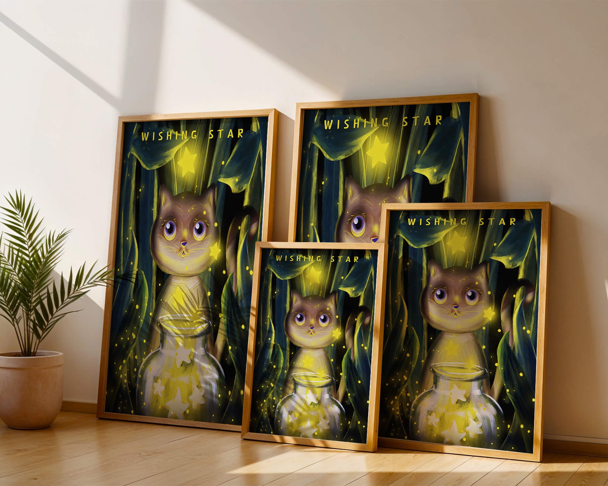 Cat under starry night in a magical forest setting
