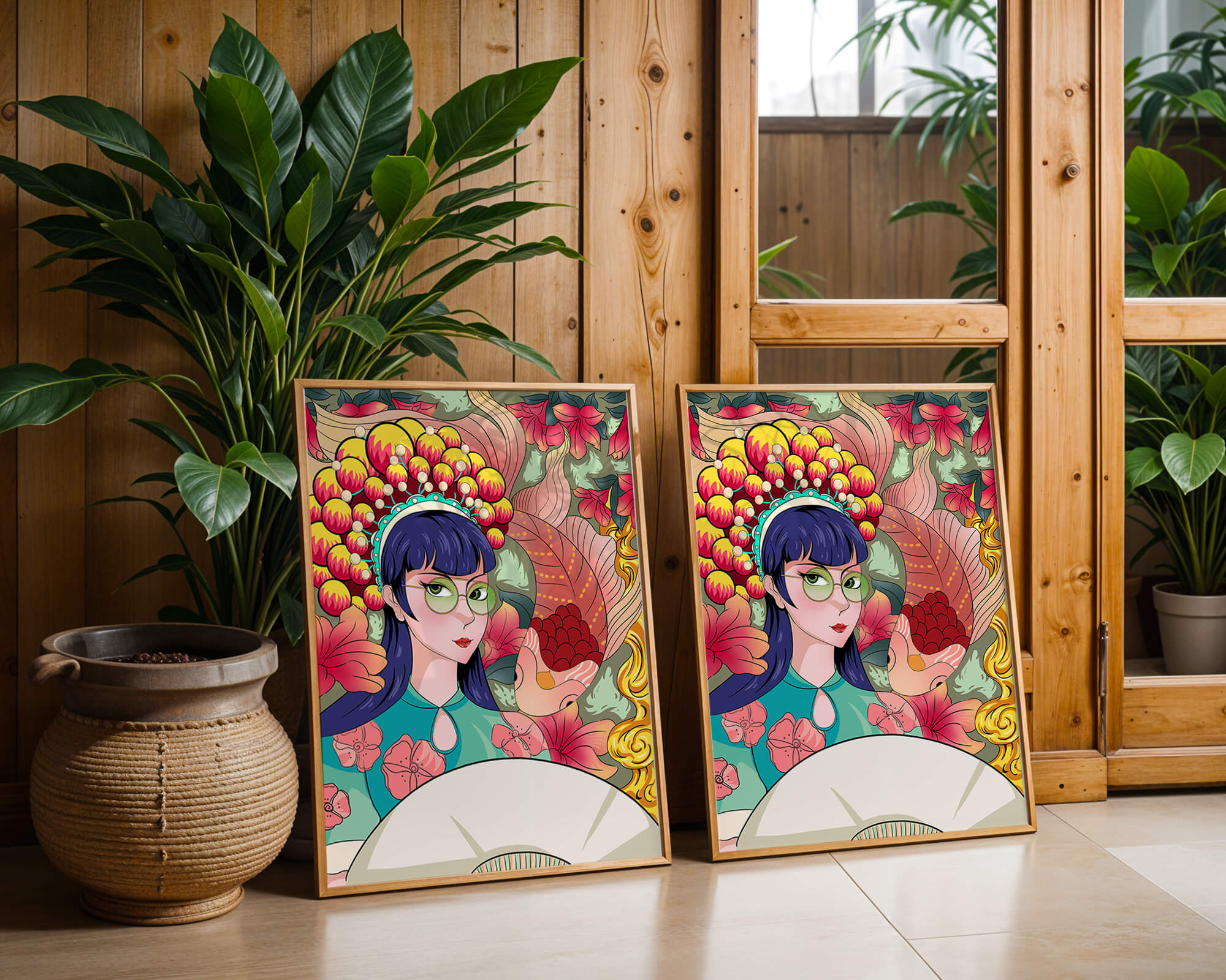 Colorful illustration of a woman with floral headdress and fish background