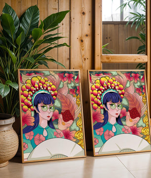 Illustration colorée d’une femme avec une coiffe florale et un fond de poissons