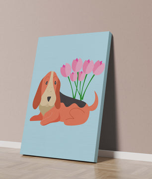 Illustration eines Basset Hound mit rosa Blumen auf hellblauem Hintergrund