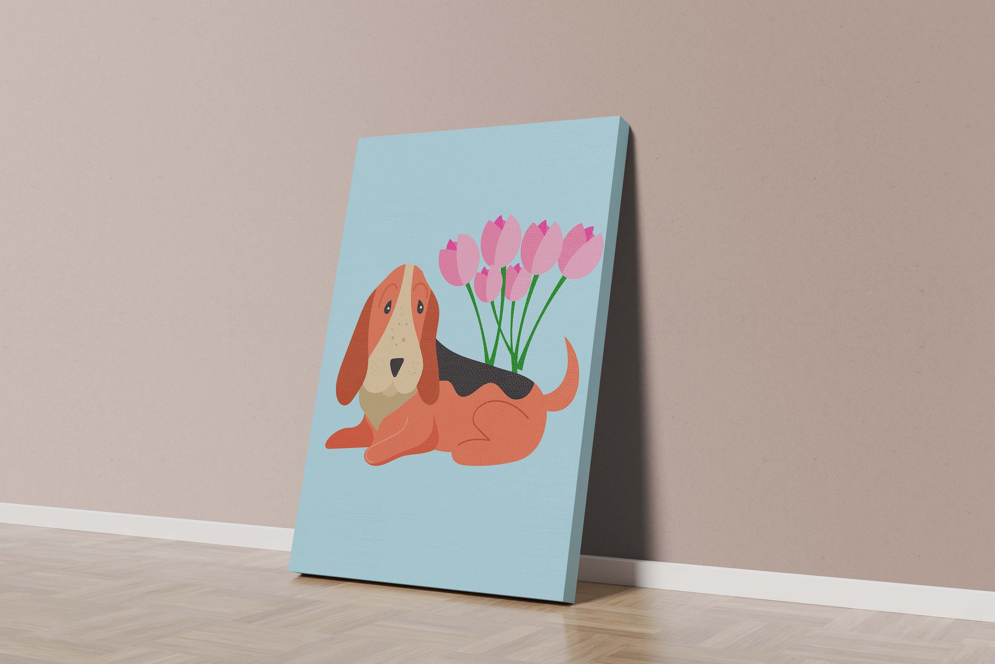Illustration eines Basset Hound mit rosa Blumen auf hellblauem Hintergrund