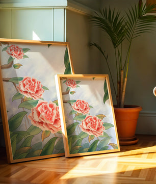 Illustrated pink carnations with green leaves in serene botanical art