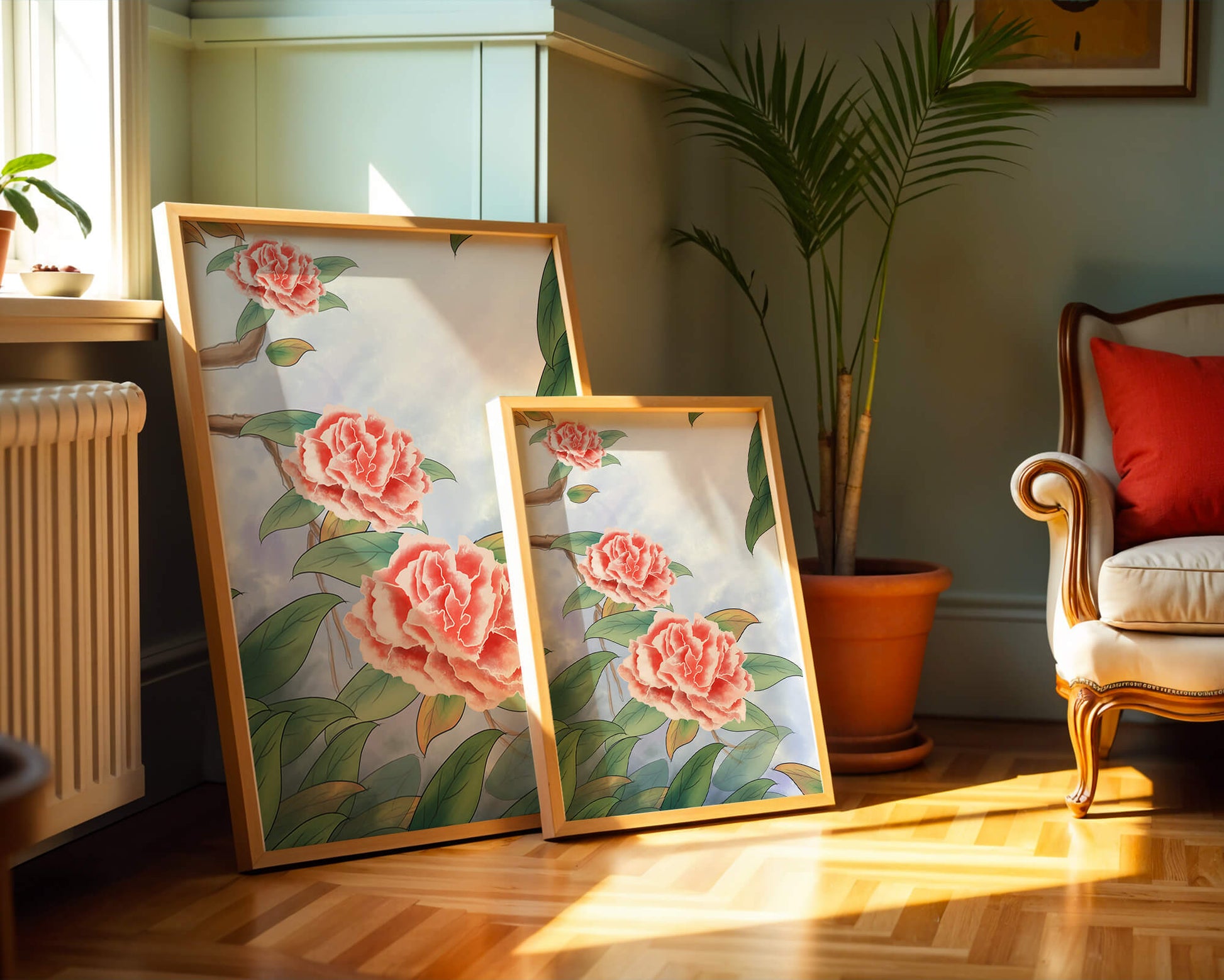 Illustrated pink carnations with green leaves in serene botanical art