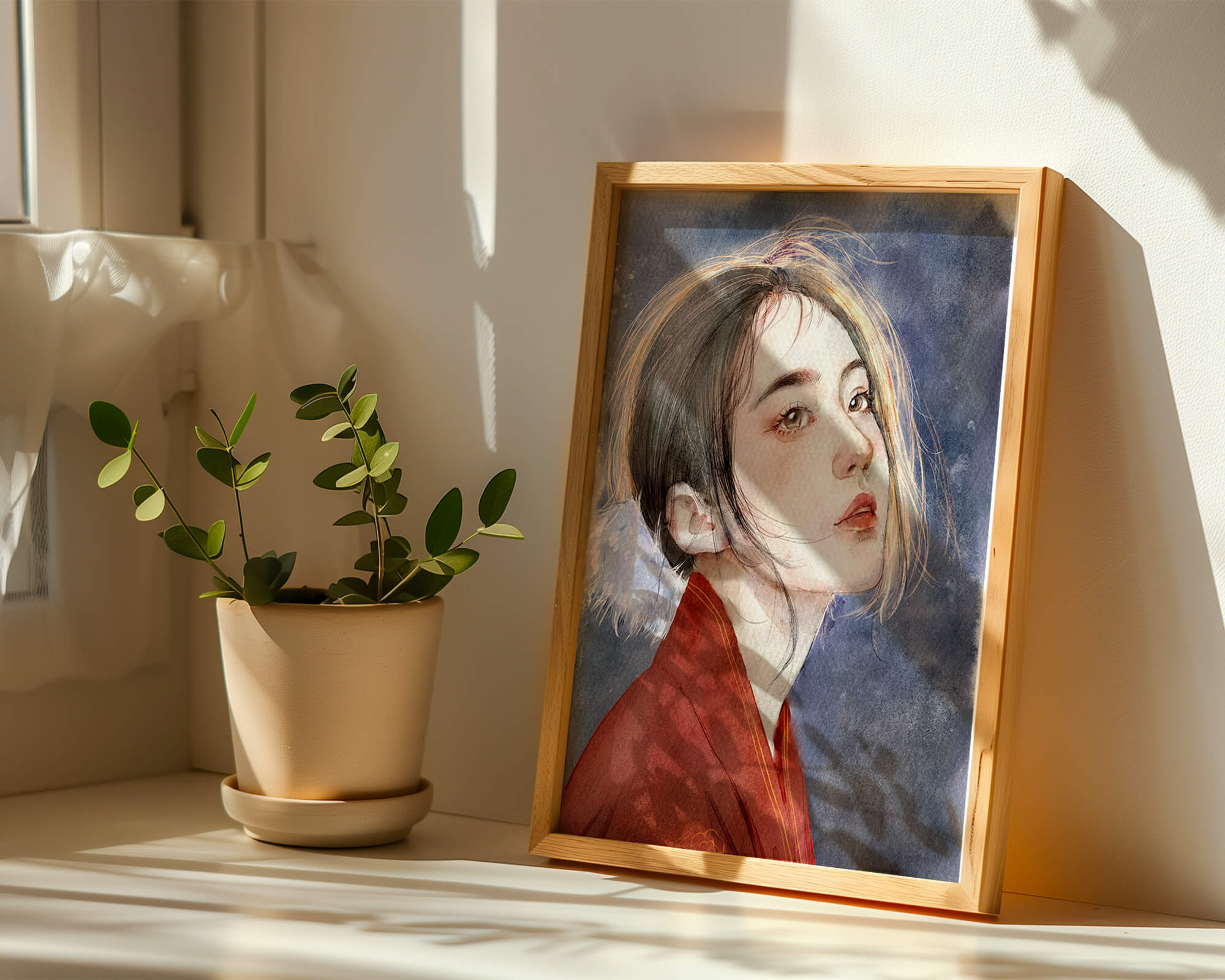 Watercolor portrait of a woman in a red garment with expressive features