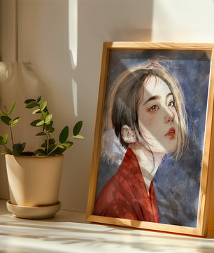 Watercolor portrait of a woman in a red garment with expressive features