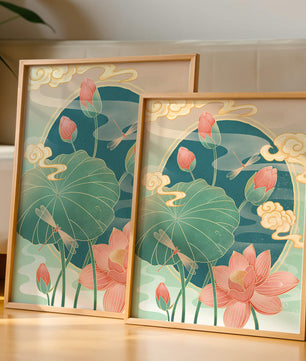 Ruhiges orientalisches Lotus-Design mit Libellen und Wolken