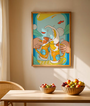 Colorful Illustration of Two Clinking Beer Mugs with Ice Cubes and Citrus Slices