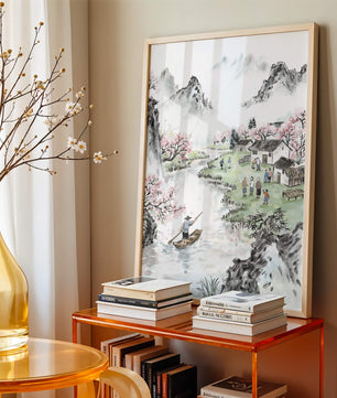 Idyllic Village Scene with Cherry Blossoms and a River