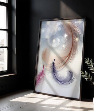 Ilustración abstracta elegante de pluma con estrellas y luz bokeh