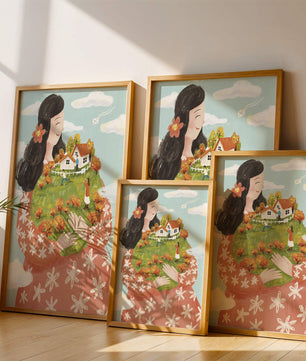 Femme fantaisiste tenant un paysage miniature avec famille et maisons