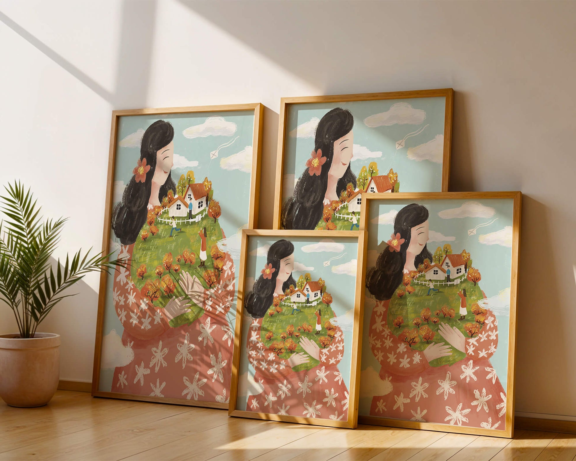 Whimsical Woman Holding Miniature Landscape with Family and Houses