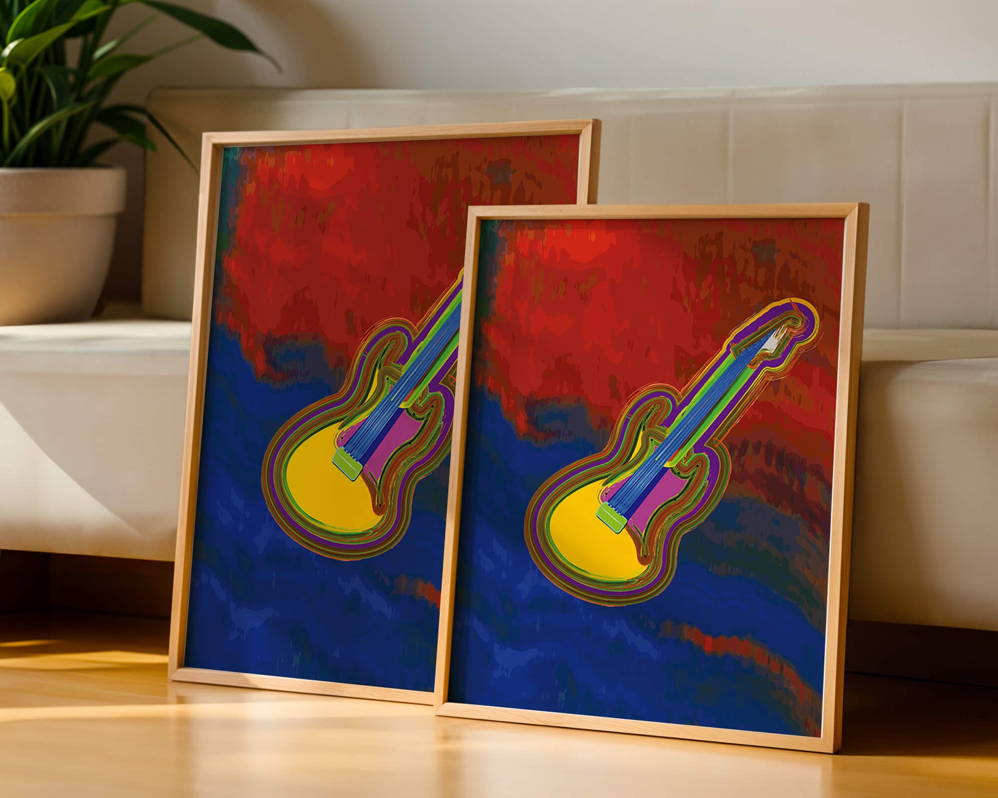 Vibrant abstract guitar illustration with bold colors