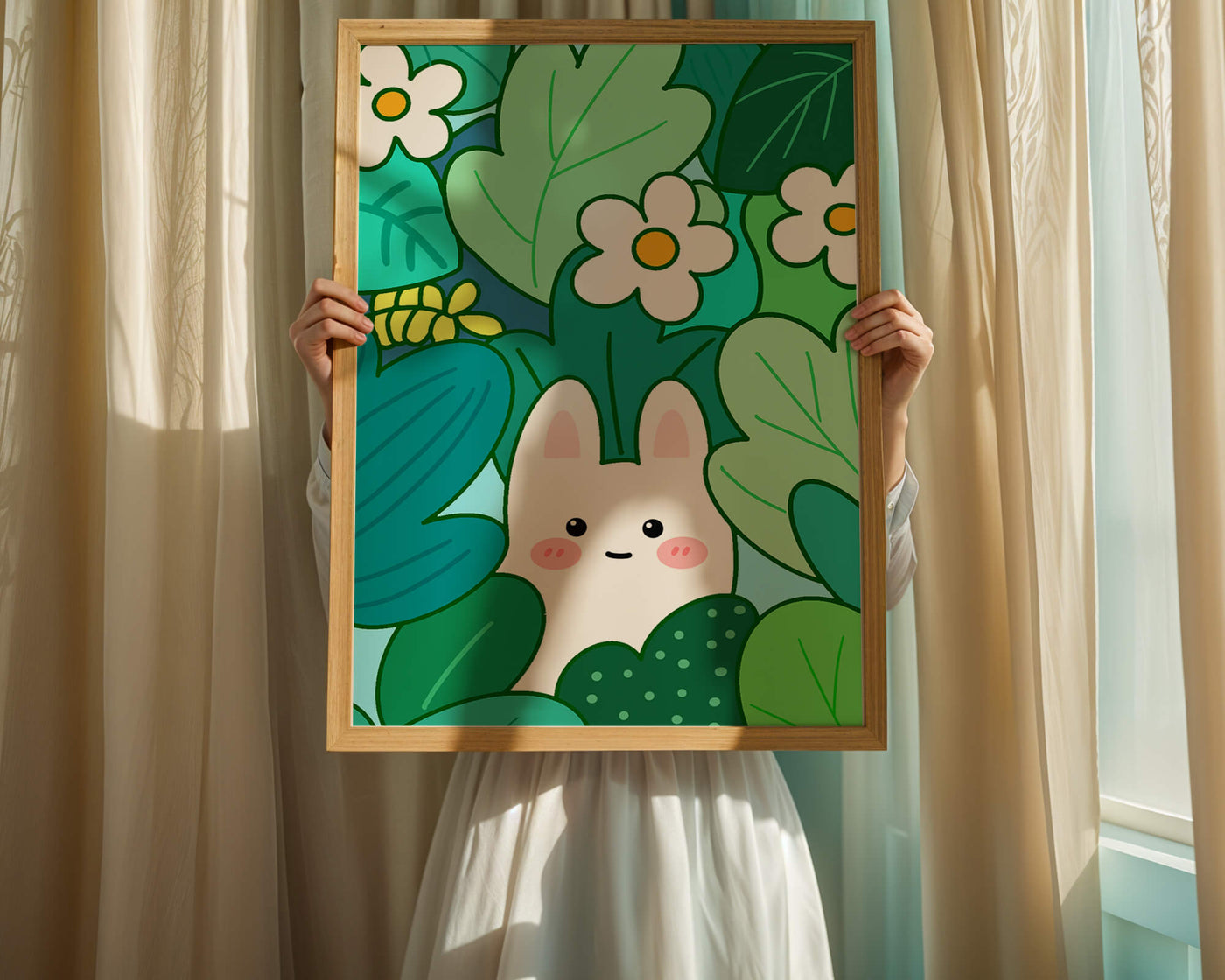 Illustration of a cute rabbit hidden among flowers and greenery