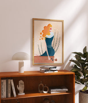 Woman with Floral Decor and Flowing Hair in Minimalist Art - Mi tienda