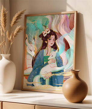 Œuvre de fantasy élégante mettant en scène une figure mystique accompagnée de renards et de couleurs vibrantes