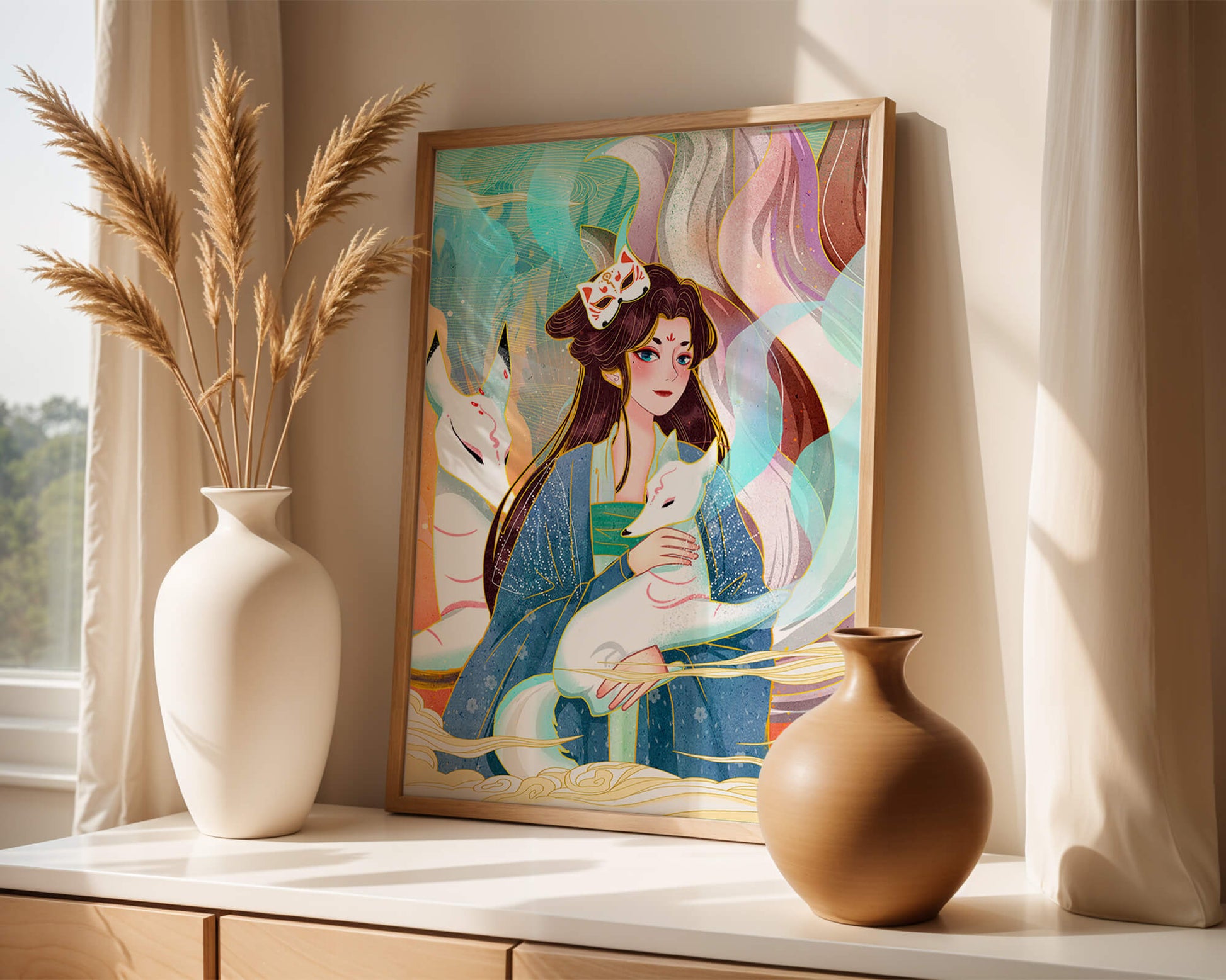 Elegant fantasy artwork featuring a mystical figure with foxes and vibrant colors