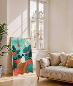 Serene scene with a person and cat among large leaves and flowers