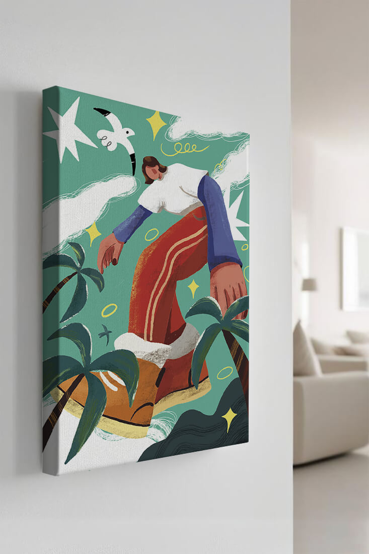 Colorful Abstract Surreal Landscape with Giant Figure and Nature Elements