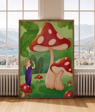 Playful illustration of a child with oversized mushrooms in a whimsical forest setting