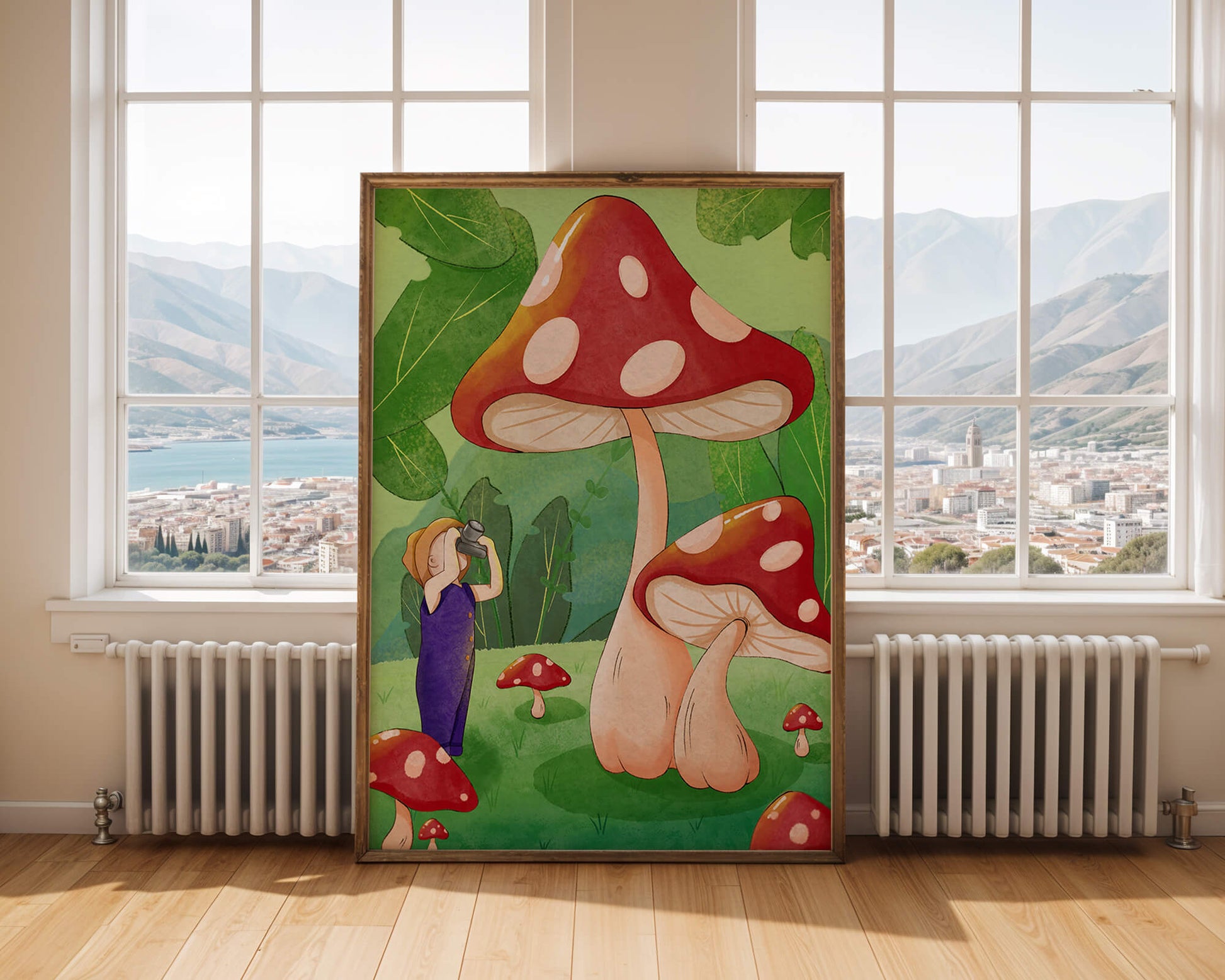 Playful illustration of a child with oversized mushrooms in a whimsical forest setting