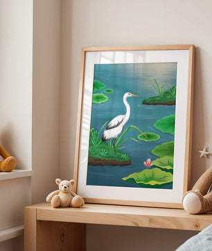 Serene wetland scene with white crane and water lilies