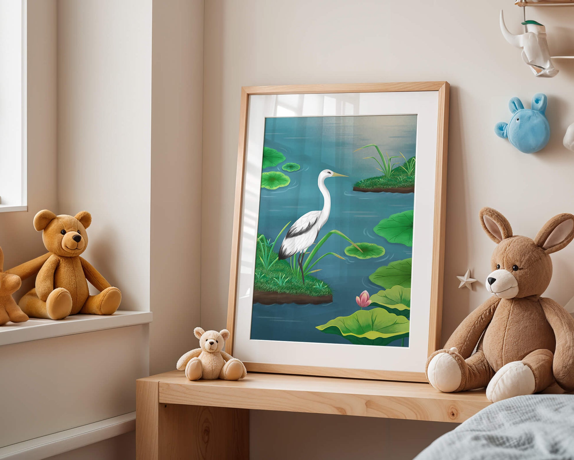 Serene wetland scene with white crane and water lilies
