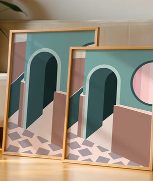 Abstract architectural scene with geometrical shapes