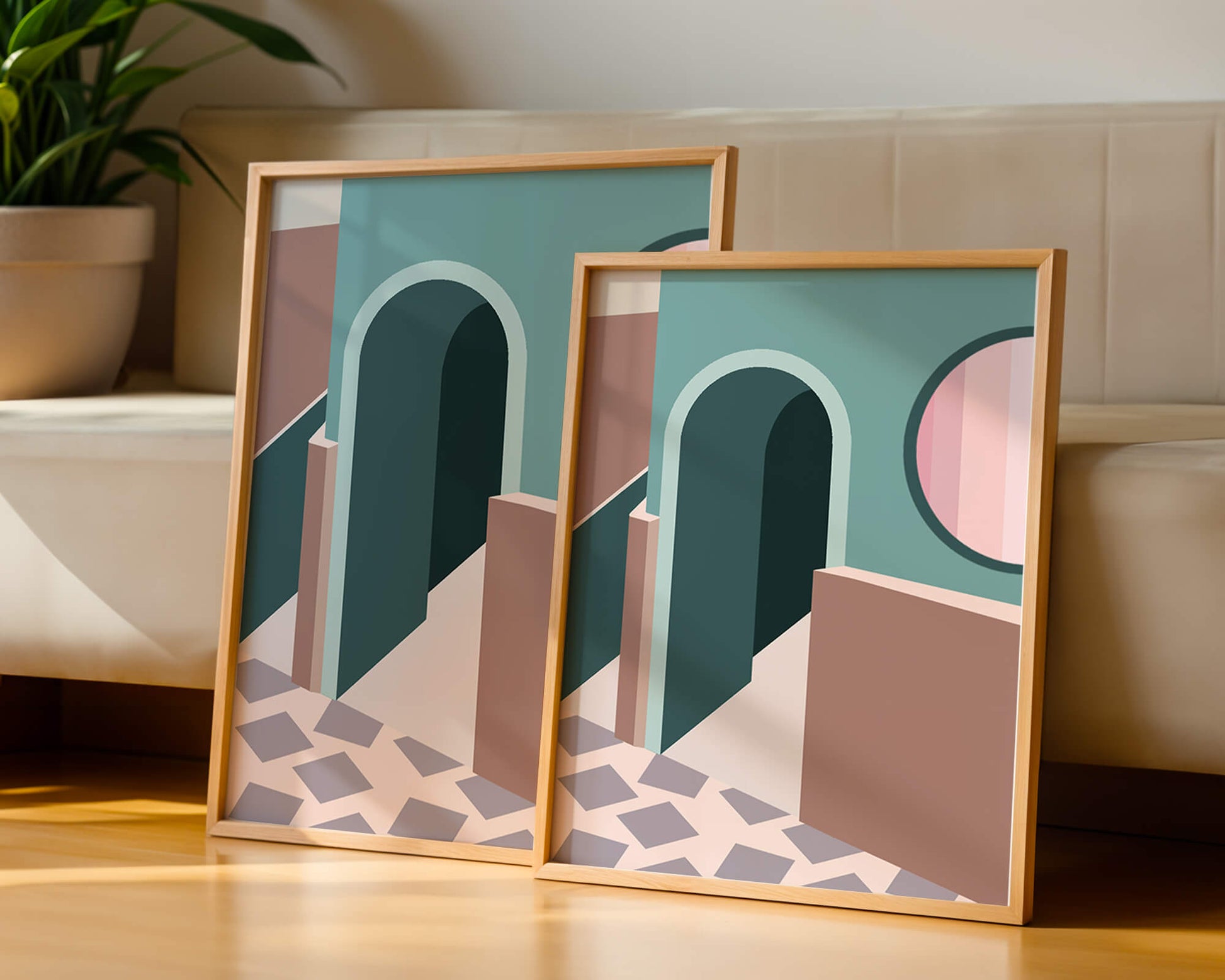 Abstract architectural scene with geometrical shapes