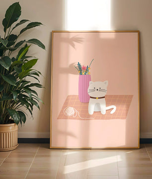 Illustration of a cute white cat with a pink vase and yarn ball on a pastel background