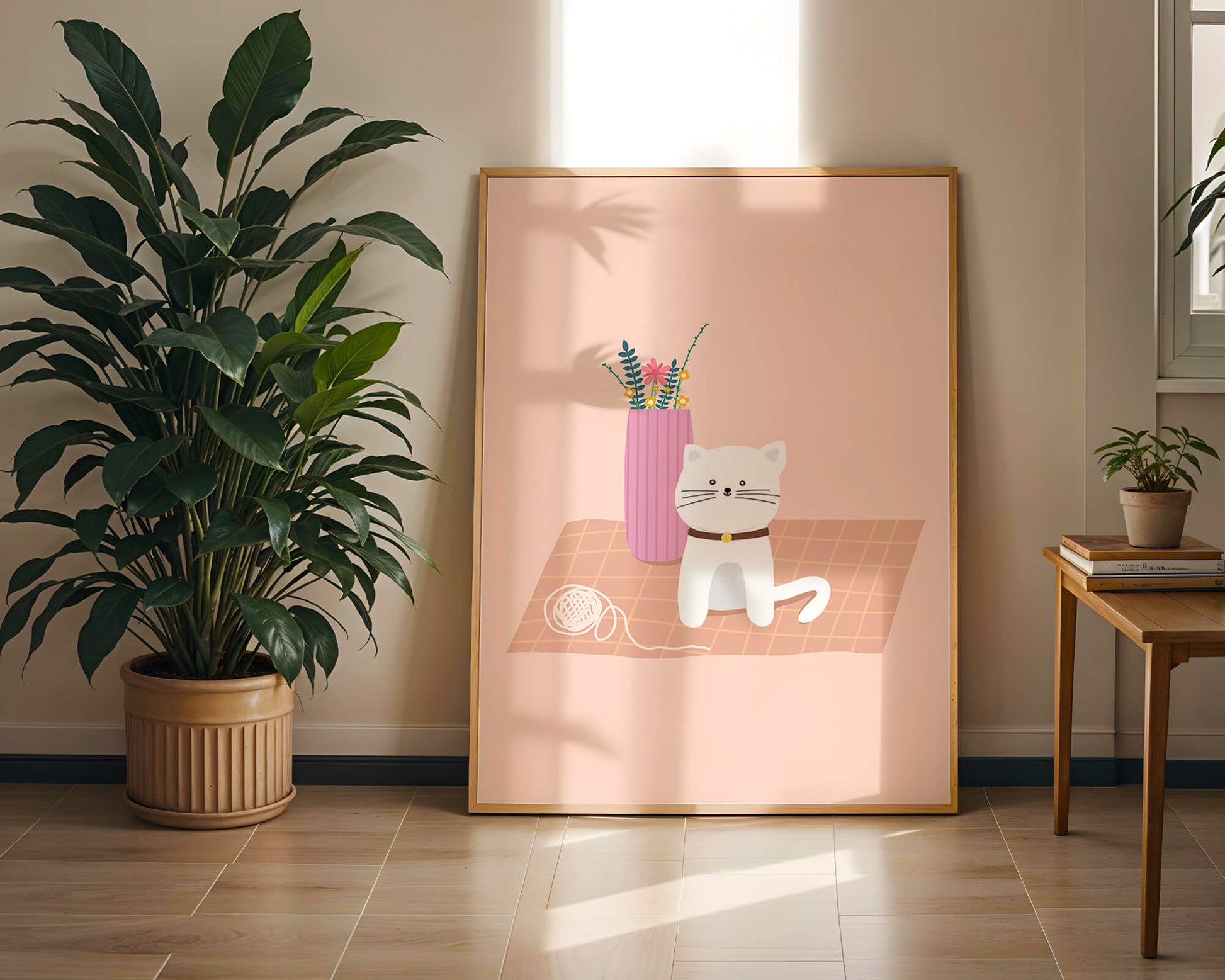 Illustration of a cute white cat with a pink vase and yarn ball on a pastel background