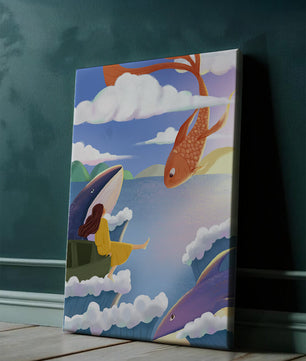 Escena onírica con vida marina y figura flotante en el cielo