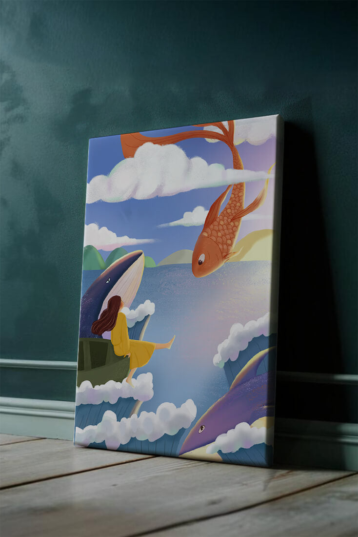 Dreamlike scene with marine life and floating figure in the sky