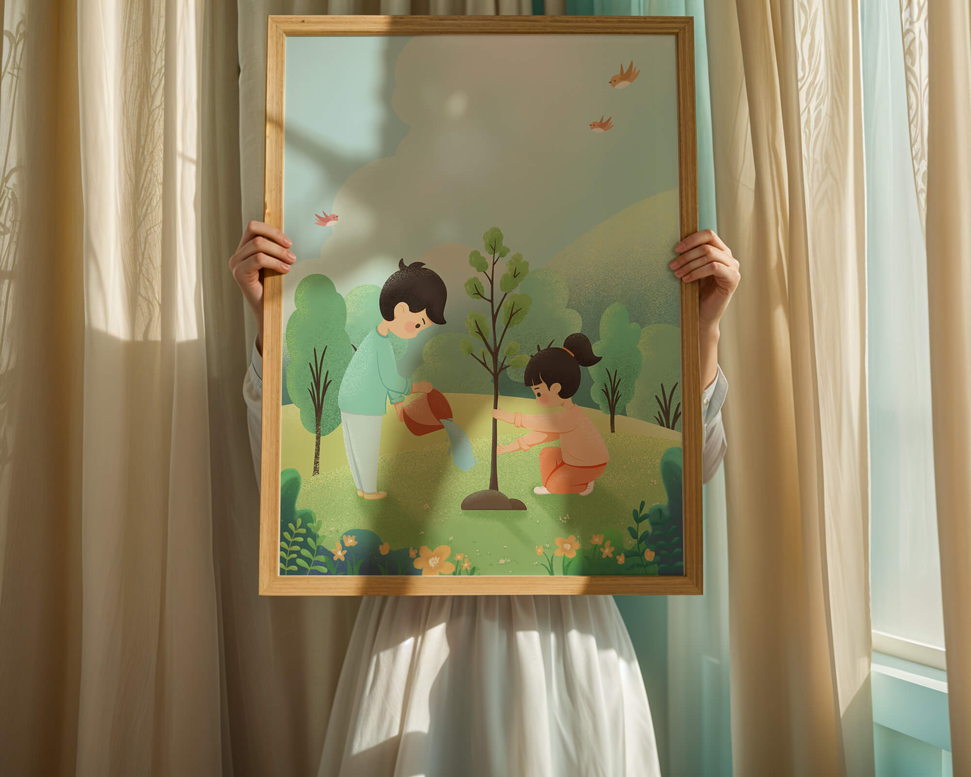 Children nurturing a young tree in a lush green landscape