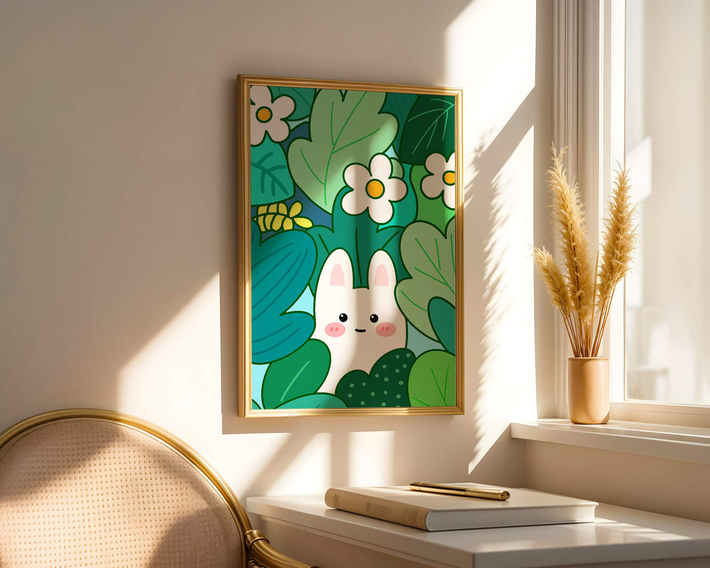 Illustration of a cute rabbit hidden among flowers and greenery
